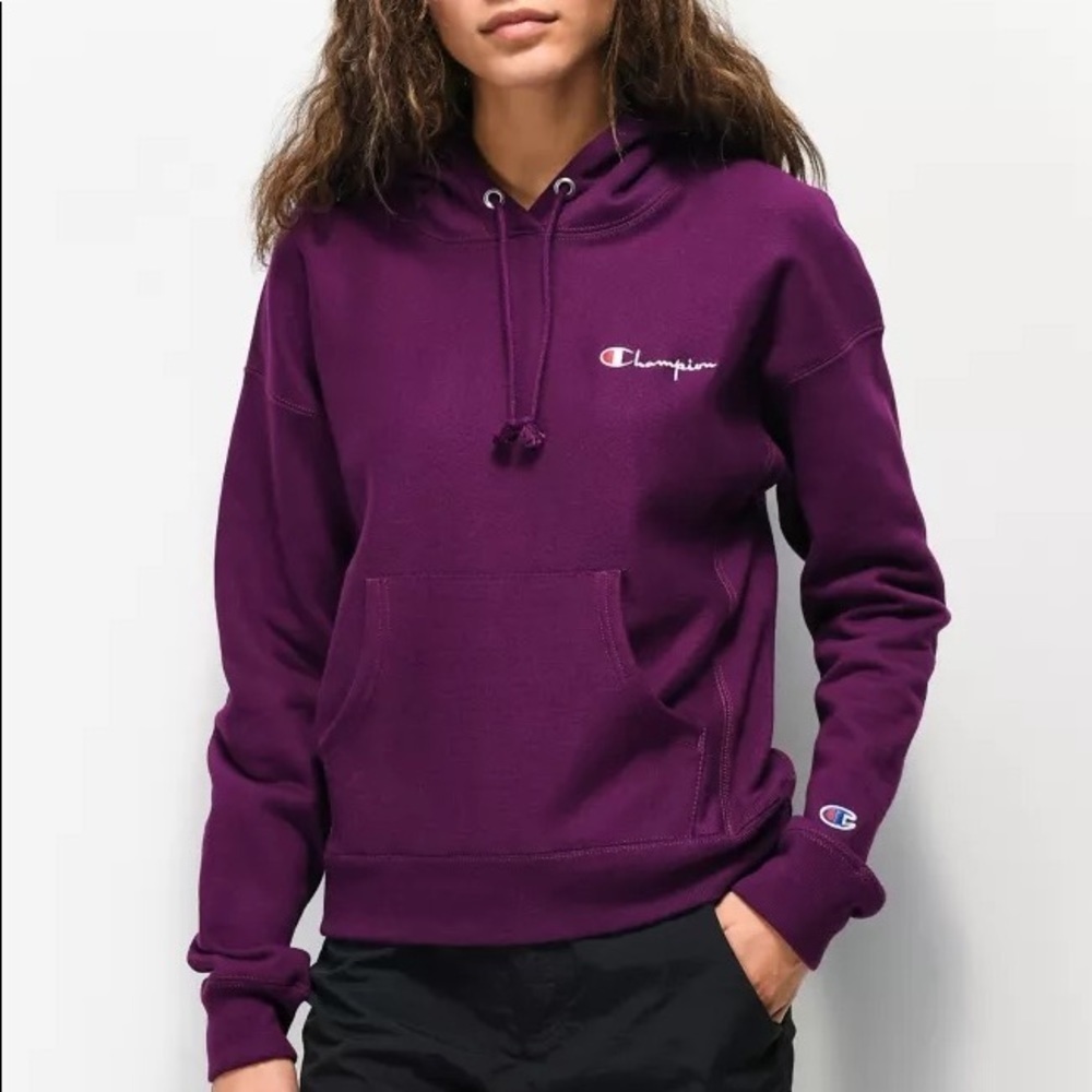 Champion Reverse Weave  script purple pullover hoodie women’s small